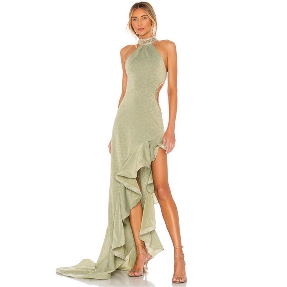 Bronx and Banco green shimmer maxi ruffle dress